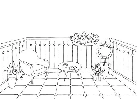 Balcony interior graphic black white sketch illustration vector Stock Illustration