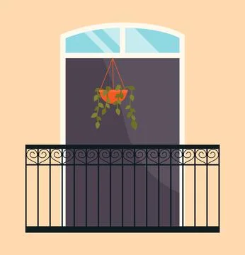 Balcony with iron fence with patterns. Large window without shutters flat vector Stock Illustration