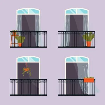 Balcony with iron fence with patterns. Large window with potted plants a set of Stock Illustration