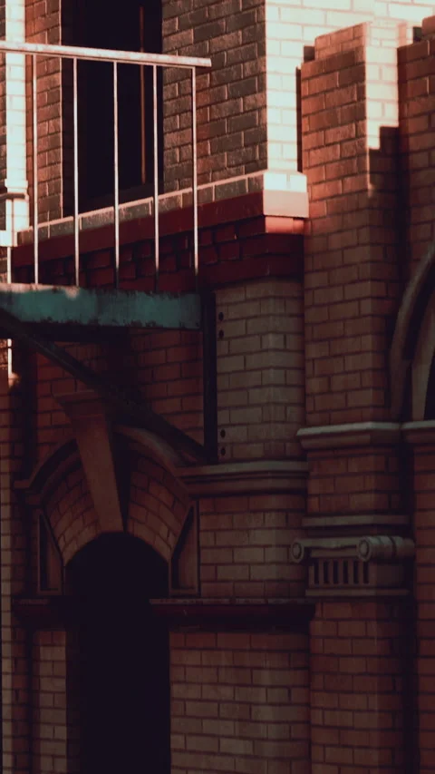 Balcony view of brick building with light and shadow patterns during sunset Stock Footage 340651081