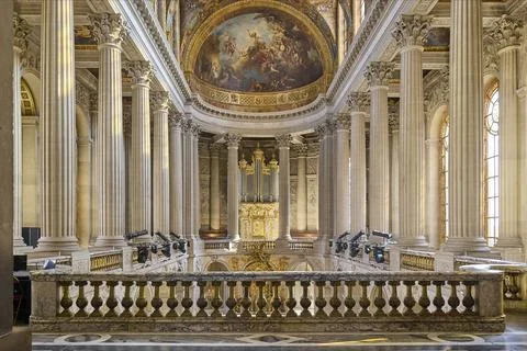 Balcony view inside Royal Chapel of Versailles with painted ceiling and colum Stock Photos
