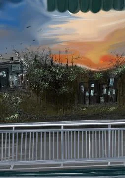 Balcony view in sunset wallaper. City life. House in woods. Stock Illustration