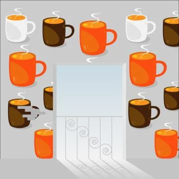 Balcony window with coffee cups wallpaper. Stock Illustration