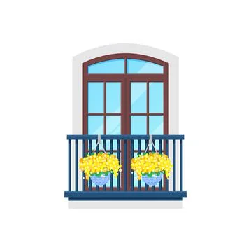 Balcony window, house building facade with porch Ilustración de archivo
