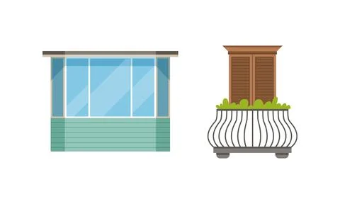 Balcony Windows Colllection, Modern and Retro House Facade Design Elements Illustrazione stock