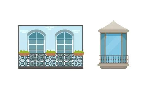 Balcony Windows Colllection, Retro House Facade Design Elements Vector Illustrazione stock