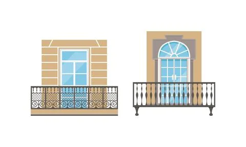 Balcony Windows Colllection, Retro House Facade Design Elements with Metal Illustrazione stock