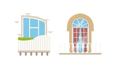 Balcony Windows Set, House Facade Design Elements, Small Patio Vector 库存插图