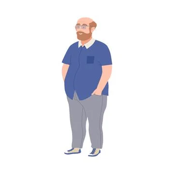 Bald and Bearded Man in Glasses with Corpulent Body in Standing Pose Full Length Stock Illustration