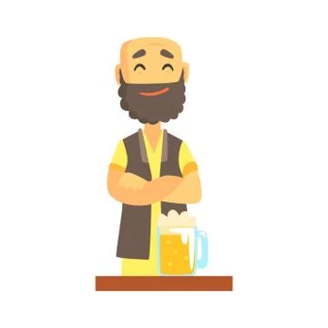 Bald bearded bartender character standing at the bar counter, barman at work Stock Illustration