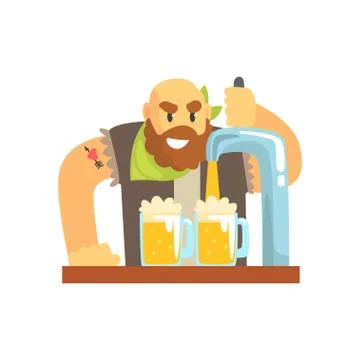 Bald bearded bartender man character standing at the bar counter pouring beer Stock Illustration