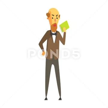 Bald bearded man in a jacket and bow tie standing with book in his hand Stock Illustration