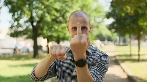 Bald bearded man showing middle finger. Stock Footage 157992341