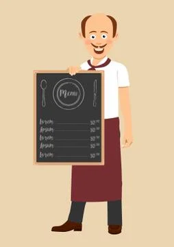 Bald chef with mustache holding menu blackboard with text Stock Illustration