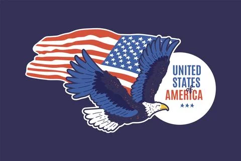 Bald Eagle with American flag, drawing wild bird with national symbol United Illustrazione stock
