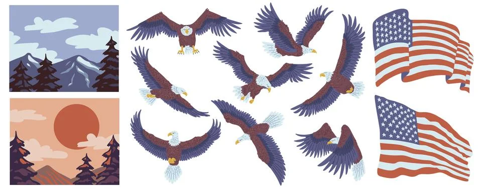 Bald Eagle with American flag, wild bird with national symbol United States of Illustrazione stock