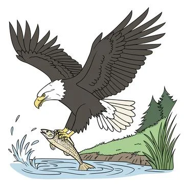 Bald Eagle Catching Fish Over Water  Wildlife Action Photo Stock Illustration