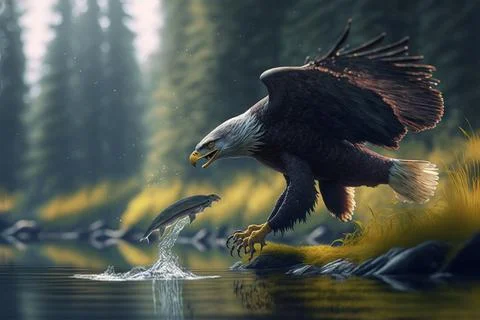 Bald Eagle catching fish in river Stock Illustration