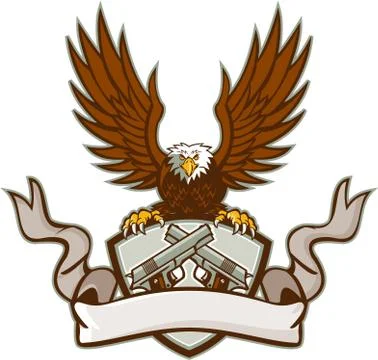 Bald Eagle Crossed 45 Caliber Pistols Shield Retro Stock Illustration