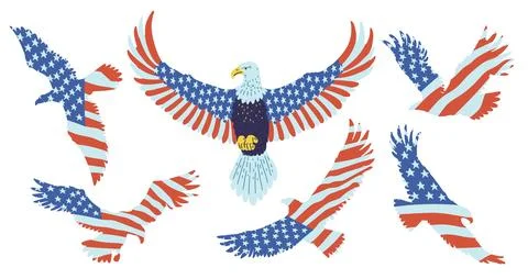 Bald Eagle design with American color flag vector set, eagle with wings painted 스톡 일러스트