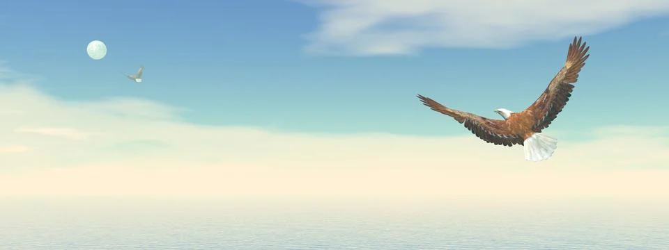 Bald eagle flying to the moon - 3D render Stock Illustration