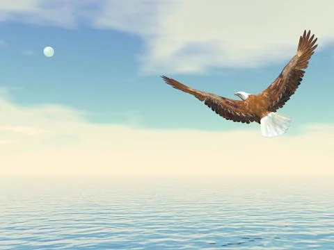 Bald eagle flying to the moon - 3D render Stock Illustration