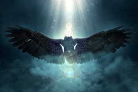 Bald eagle flying over the clouds 3d illustration Stock Illustration