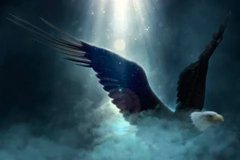 Bald eagle flying over the clouds 3d illustration Stock Illustration