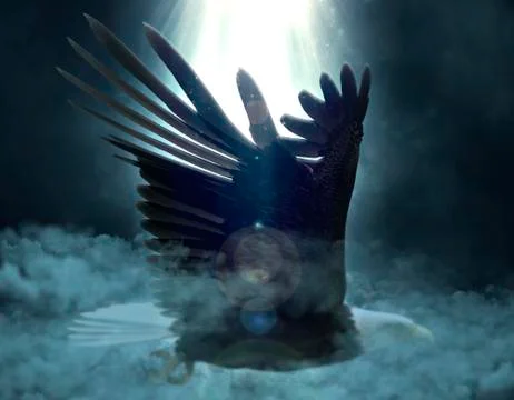 Bald eagle flying over the clouds 3d illustration Stock Illustration