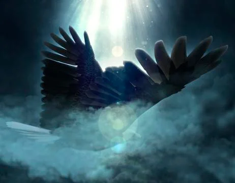 Bald eagle flying over the clouds 3d illustration Stock Illustration