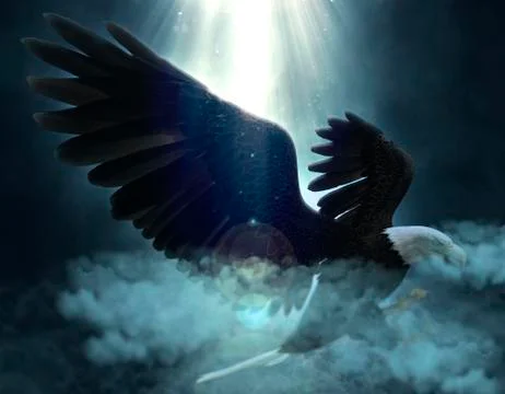 Bald eagle flying over the clouds 3d illustration Stock Illustration