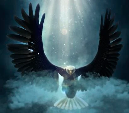 Bald eagle flying over the clouds 3d illustration Stock Illustration
