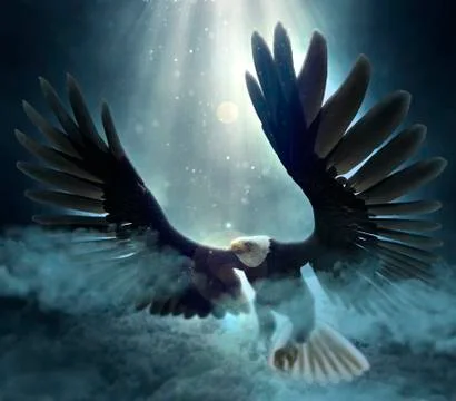 Bald eagle flying over the clouds 3d illustration Stock Illustration