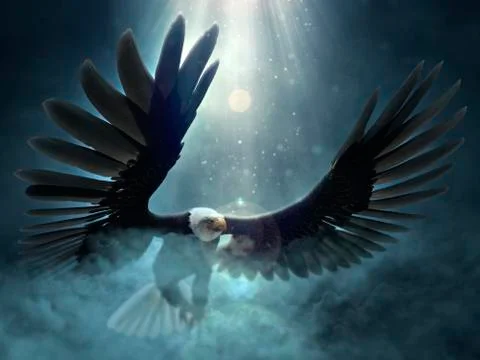 Bald eagle flying over the clouds 3d illustration Stock Illustration