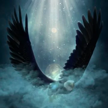 Bald eagle flying over the clouds 3d illustration Stock Illustration