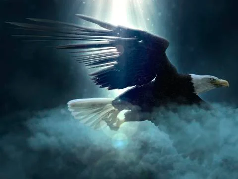 Bald eagle flying over the clouds 3d illustration Stock Illustration