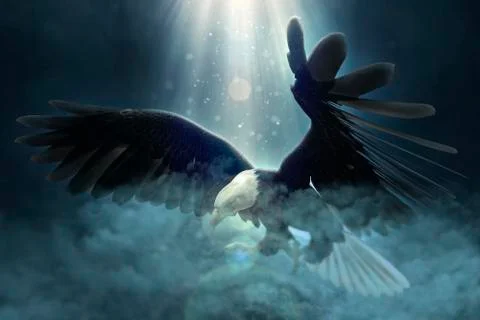 Bald eagle flying over the clouds 3d illustration Stock Illustration