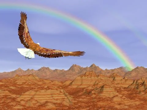 Bald eagle flying upon rocky mountains to the rainbow - 3D render Stock Illustration