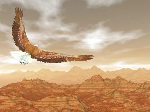 Bald eagle flying upon rocky mountains - 3D render Stock Illustration