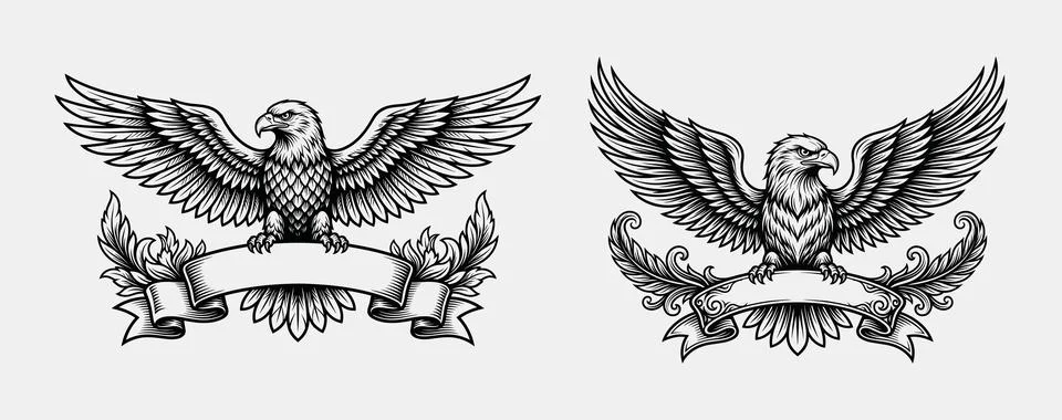 Bald eagle mascot logo vector illustration with spread wings and blank ribb.. Stock Illustration