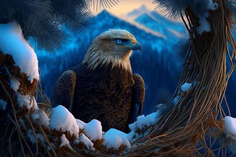 Bald Eagle perched on snow covered branch Illustrazione stock