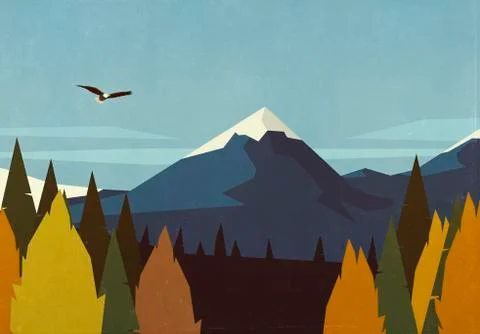 Bald eagle soaring over autumn forest and mountain landscape Stock Illustration