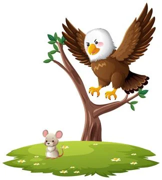 Bald Eagle Watching Mouse from Tree Branch in Meadow Stock Illustration