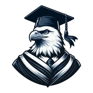 Bald eagle wearing a graduation cap and gown, isolated on white background Stock Illustration