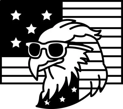 A bald eagle wearing sunglasses and a patriotic flag behind him Stock Illustration