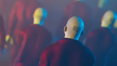 A bald man with a barcode tattoo on the back of his head walking in the crowd. Stock-Footage 158244440