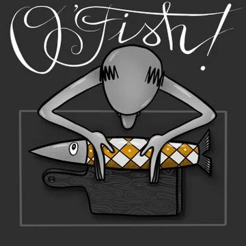 Bald man cuts fish on the table on the Board Illustrazione stock