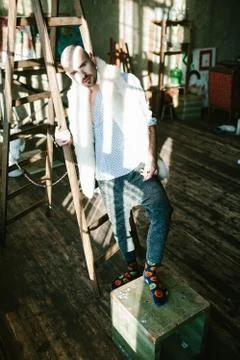 Bald man model posing in the Studio Stock Photos