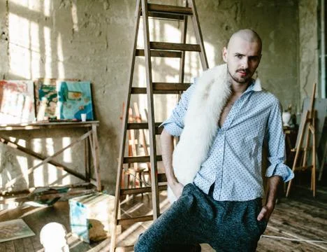 Bald man model posing in the Studio Stock Photos