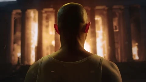 Bald Person Back View Looking At Burning Government Building Dark Contemplation Stockbeeldmateriaal 288873777